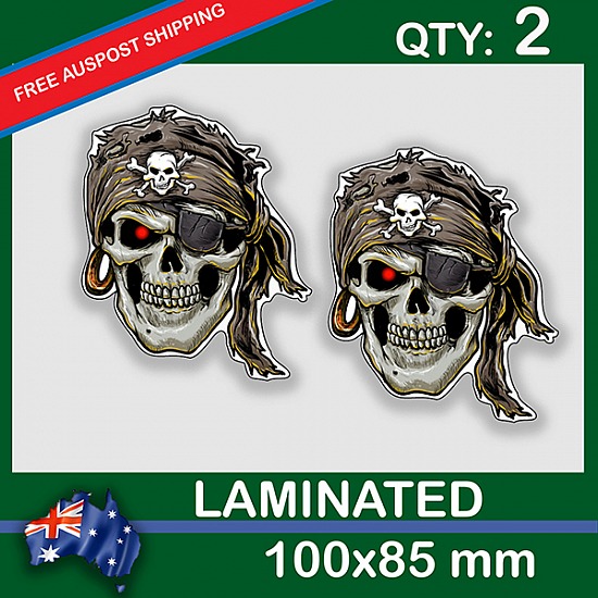 SKULL PIRATE, QTY 2, DECAL STICKER (LAMINATED) Die Cut for Car ,Ute, Caravan, 4x4